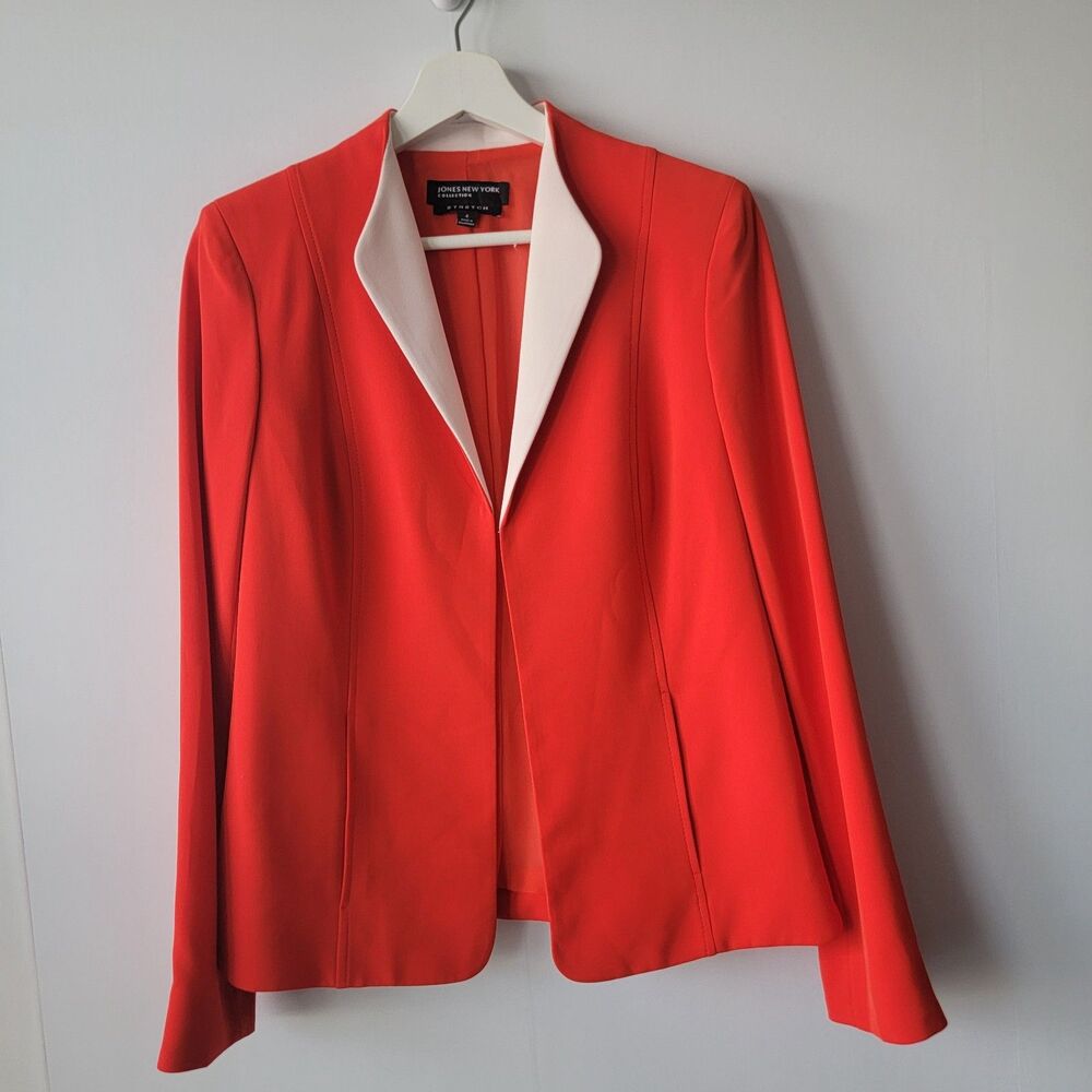 Jones New York‎ Collection women's Stretch blazer size 4 open front Pockets red